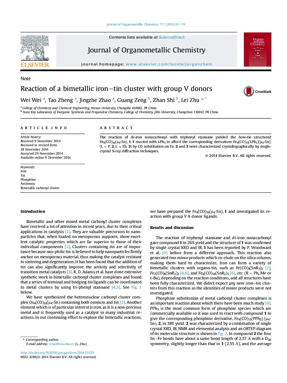 Reaction of a bimetallic iron–tin cluster with group V donors