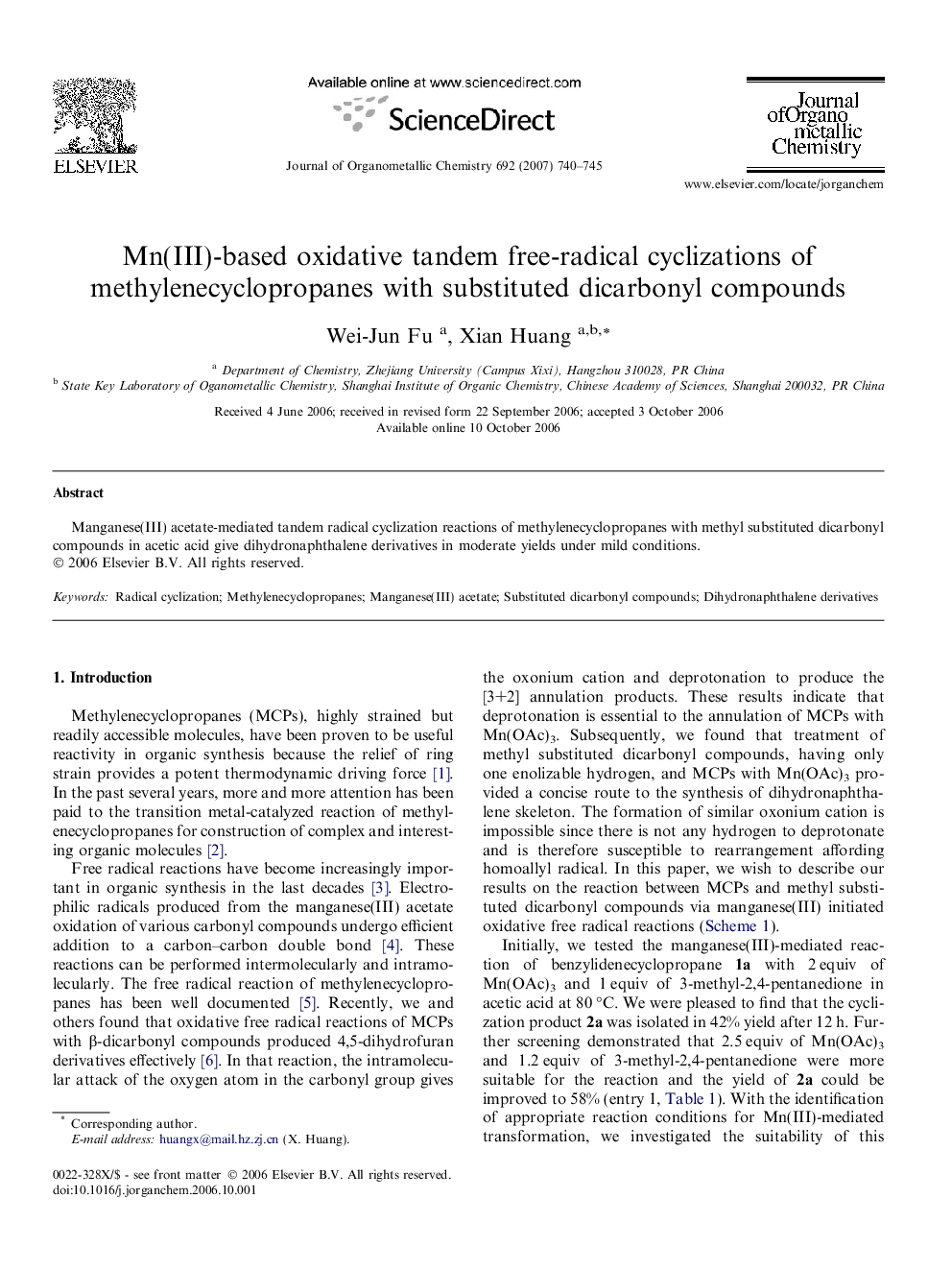 Mn(III)-based oxidative tandem free-radical cyclizations of methylenecyclopropanes with substituted dicarbonyl compounds