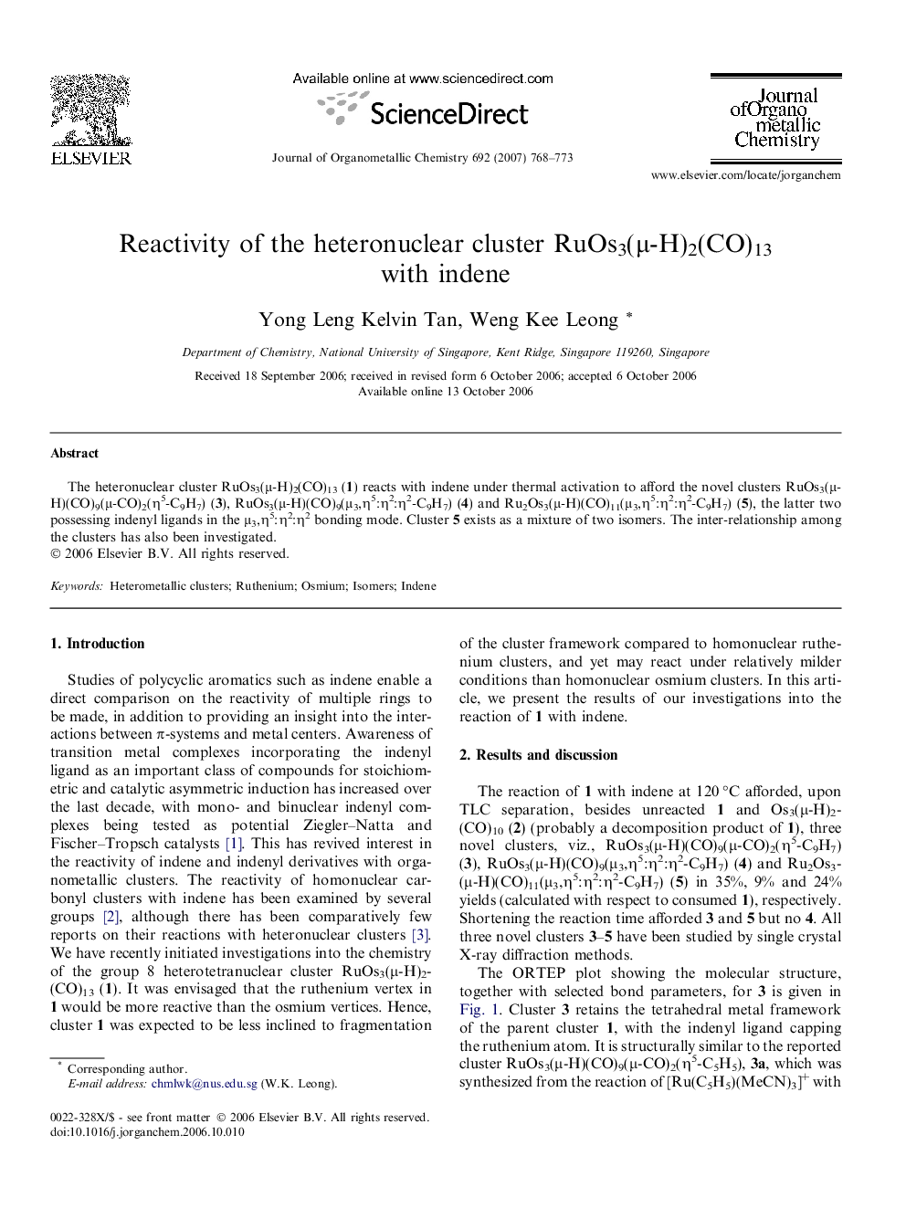 Reactivity of the heteronuclear cluster RuOs3(μ-H)2(CO)13 with indene