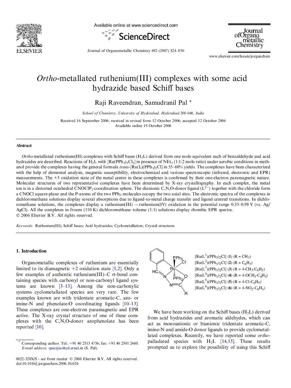 Ortho-metallated ruthenium(III) complexes with some acid hydrazide based Schiff bases