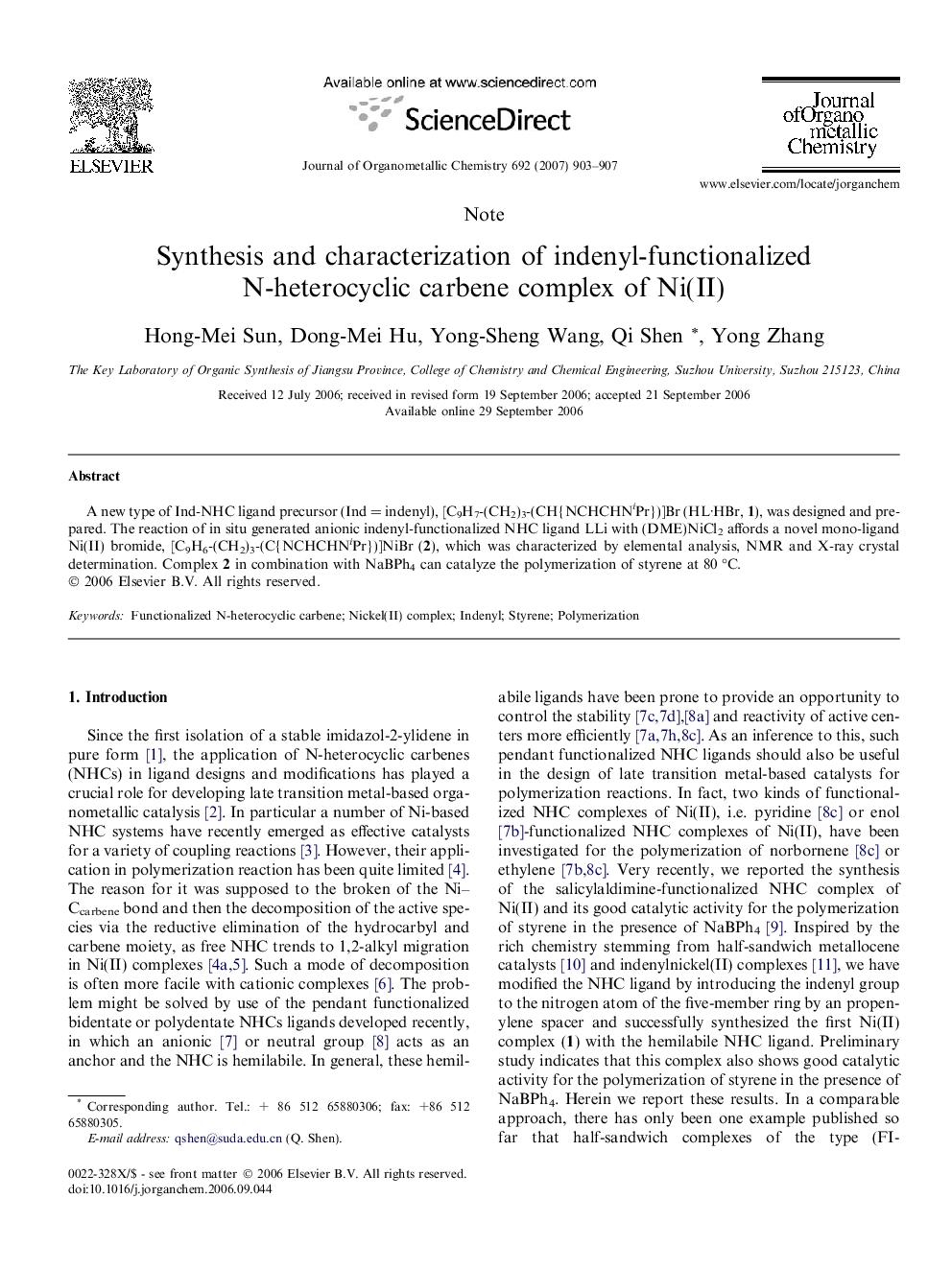 Synthesis and characterization of indenyl-functionalized N-heterocyclic carbene complex of Ni(II)