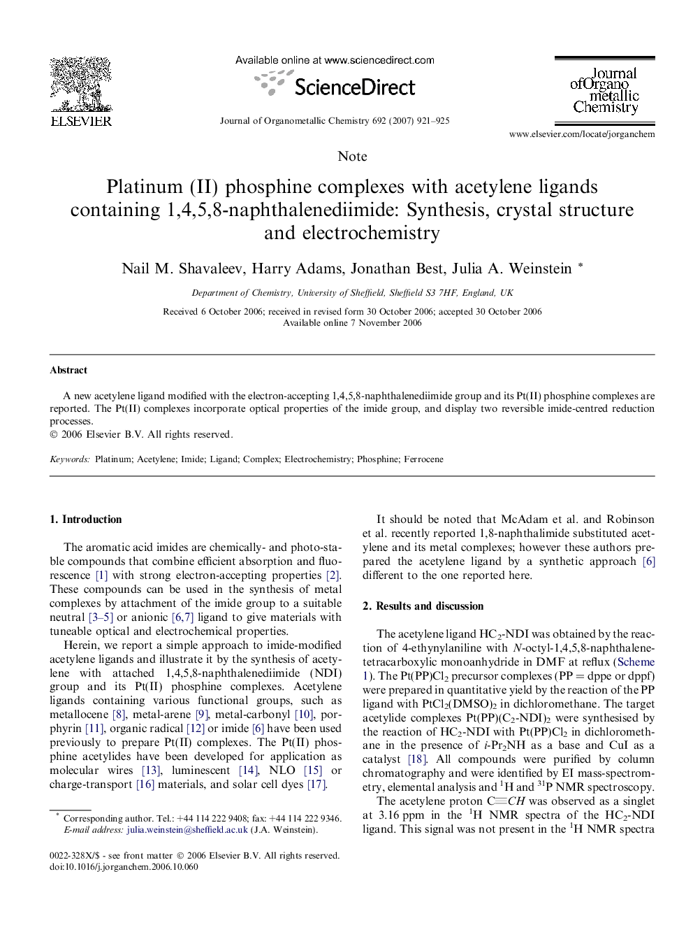 Platinum (II) phosphine complexes with acetylene ligands containing 1,4,5,8-naphthalenediimide: Synthesis, crystal structure and electrochemistry