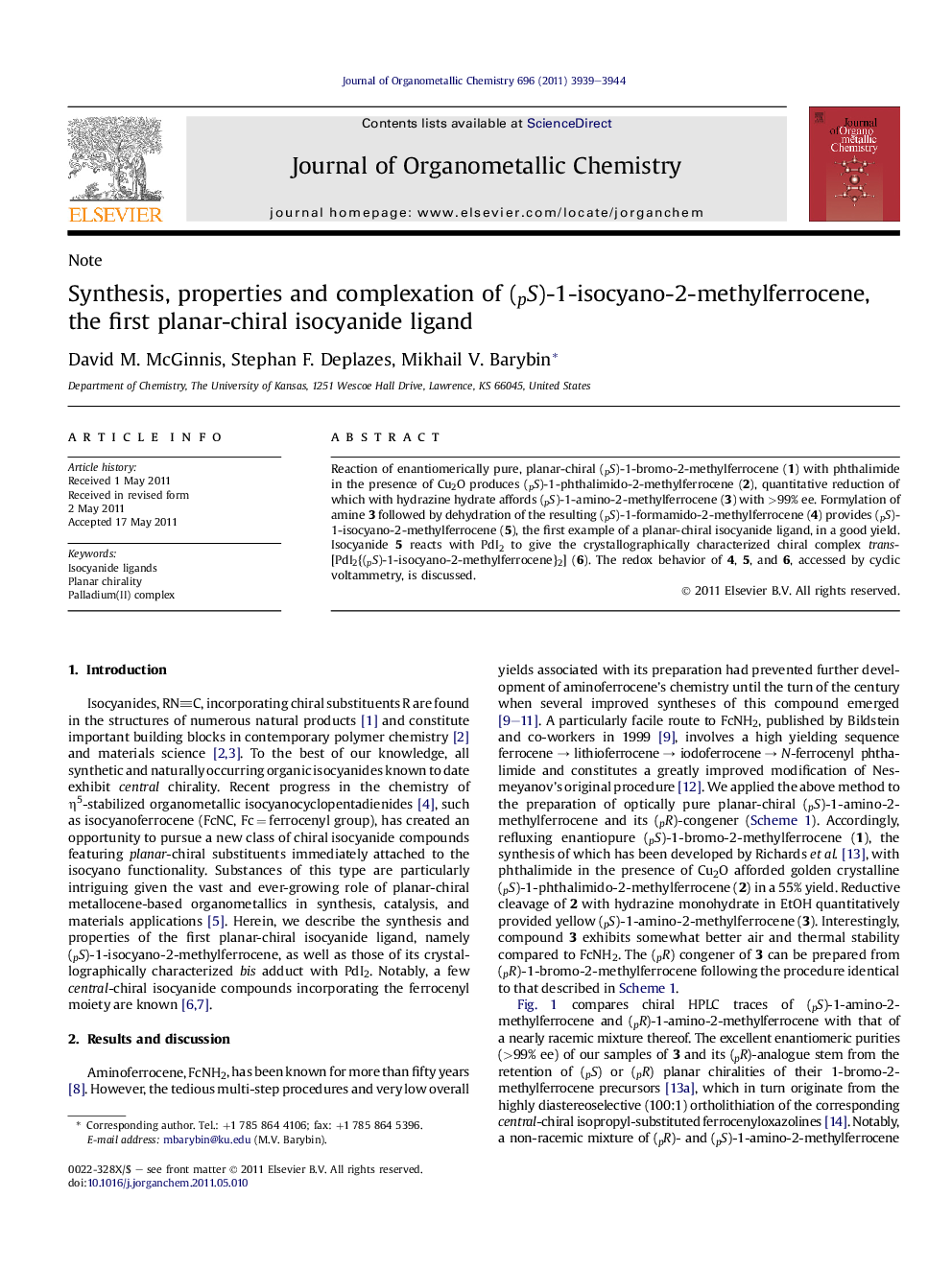 Synthesis, properties and complexation of (pS)-1-isocyano-2-methylferrocene, the first planar-chiral isocyanide ligand