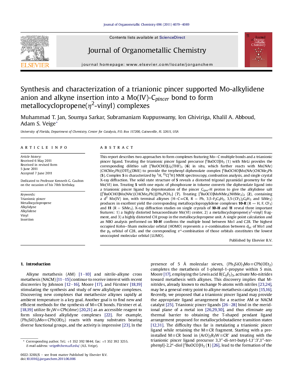 عکس صفحه اول مقاله: Synthesis and characterization of a trianionic pincer supported Mo-alkylidene anion and alkyne insertion into a Mo(IV)-Cpincer bond to form metallocyclopropene(η2-vinyl) complexes Synthesis and characterization of a trianionic pincer supported Mo-alkylidene anion and alkyne insertion into a Mo(IV)-Cpincer bond to form metallocyclopropene(η2-vinyl) complexes