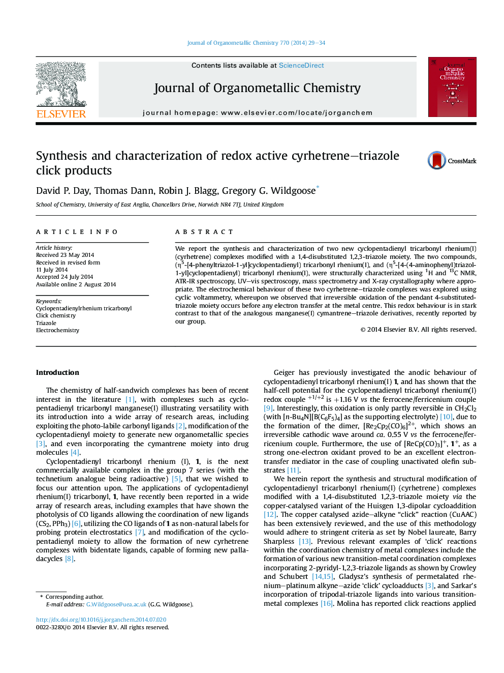 Synthesis and characterization of redox active cyrhetrene–triazole click products