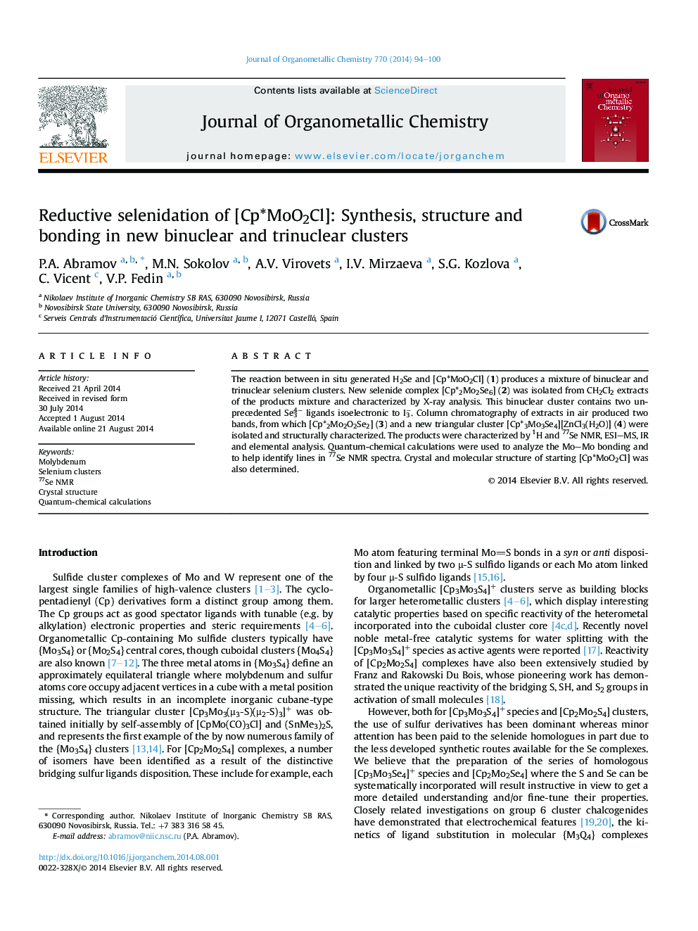 Reductive selenidation of [Cp*MoO2Cl]: Synthesis, structure and bonding in new binuclear and trinuclear clusters