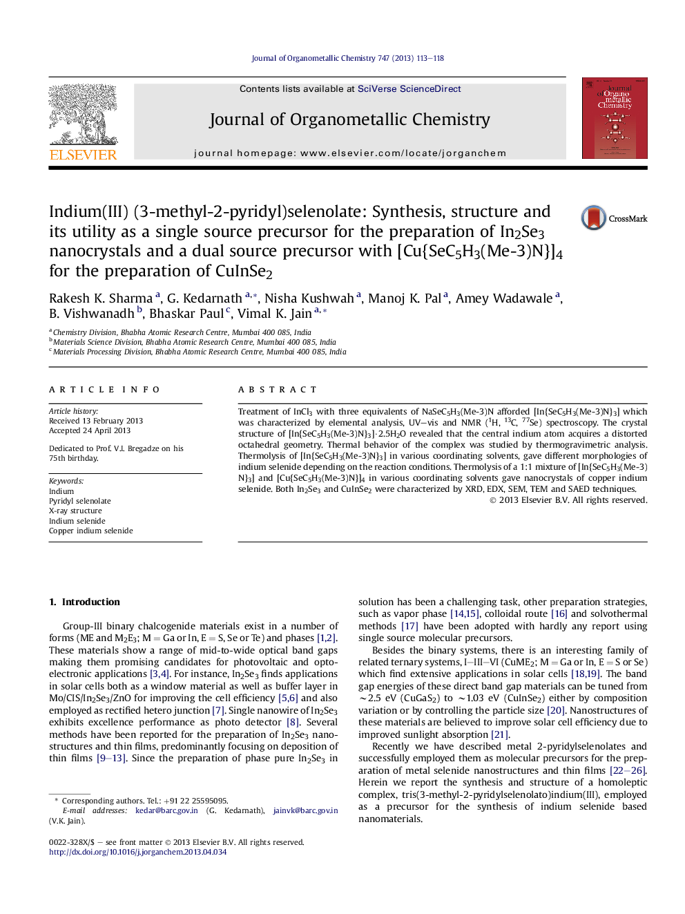 Indium(III) (3-methyl-2-pyridyl)selenolate: Synthesis, structure and its utility as a single source precursor for the preparation of In2Se3 nanocrystals and a dual source precursor with [Cu{SeC5H3(Me-3)N}]4 for the preparation of CuInSe2