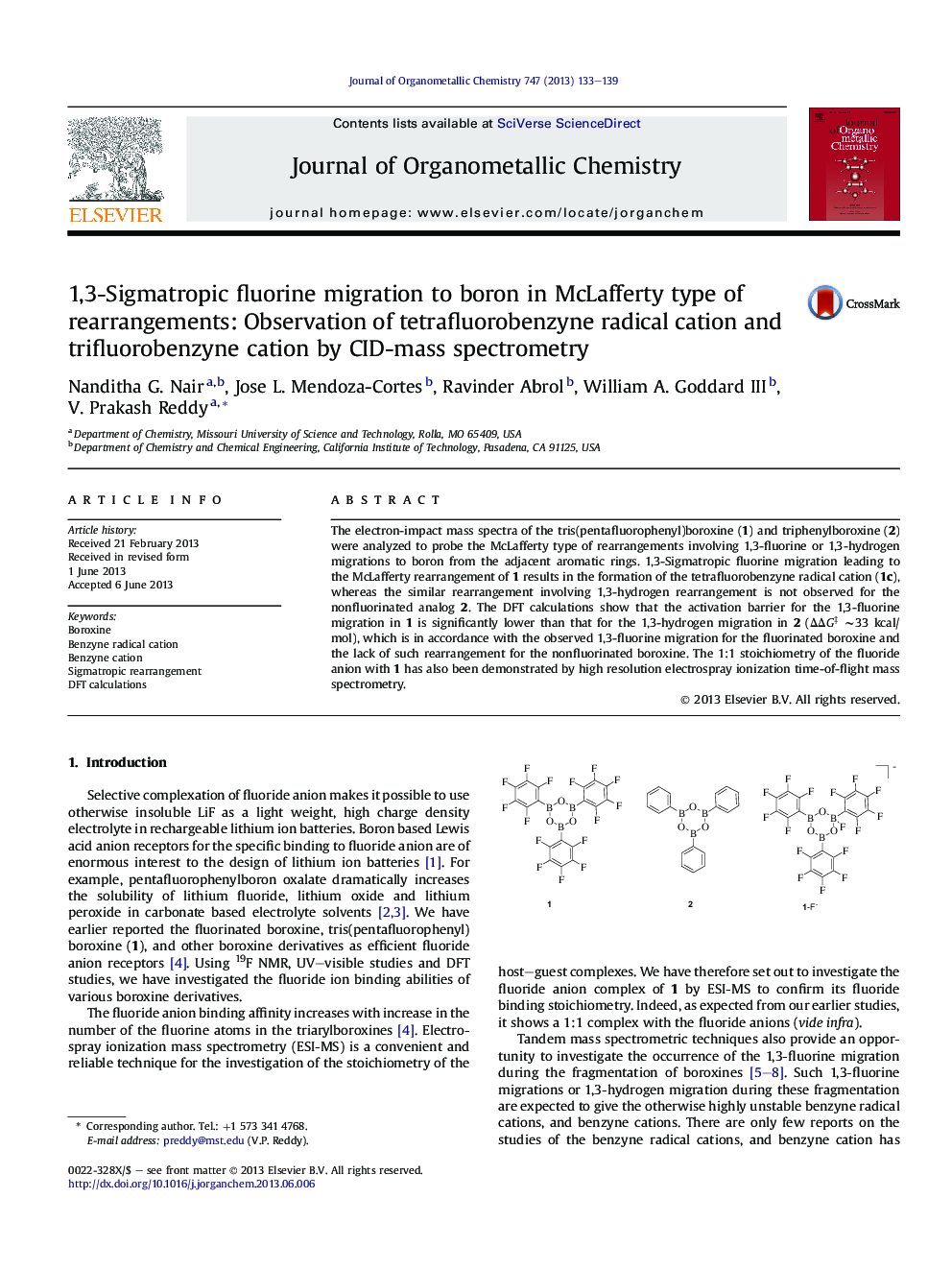 1,3-Sigmatropic fluorine migration to boron in McLafferty type of rearrangements: Observation of tetrafluorobenzyne radical cation and trifluorobenzyne cation by CID-mass spectrometry