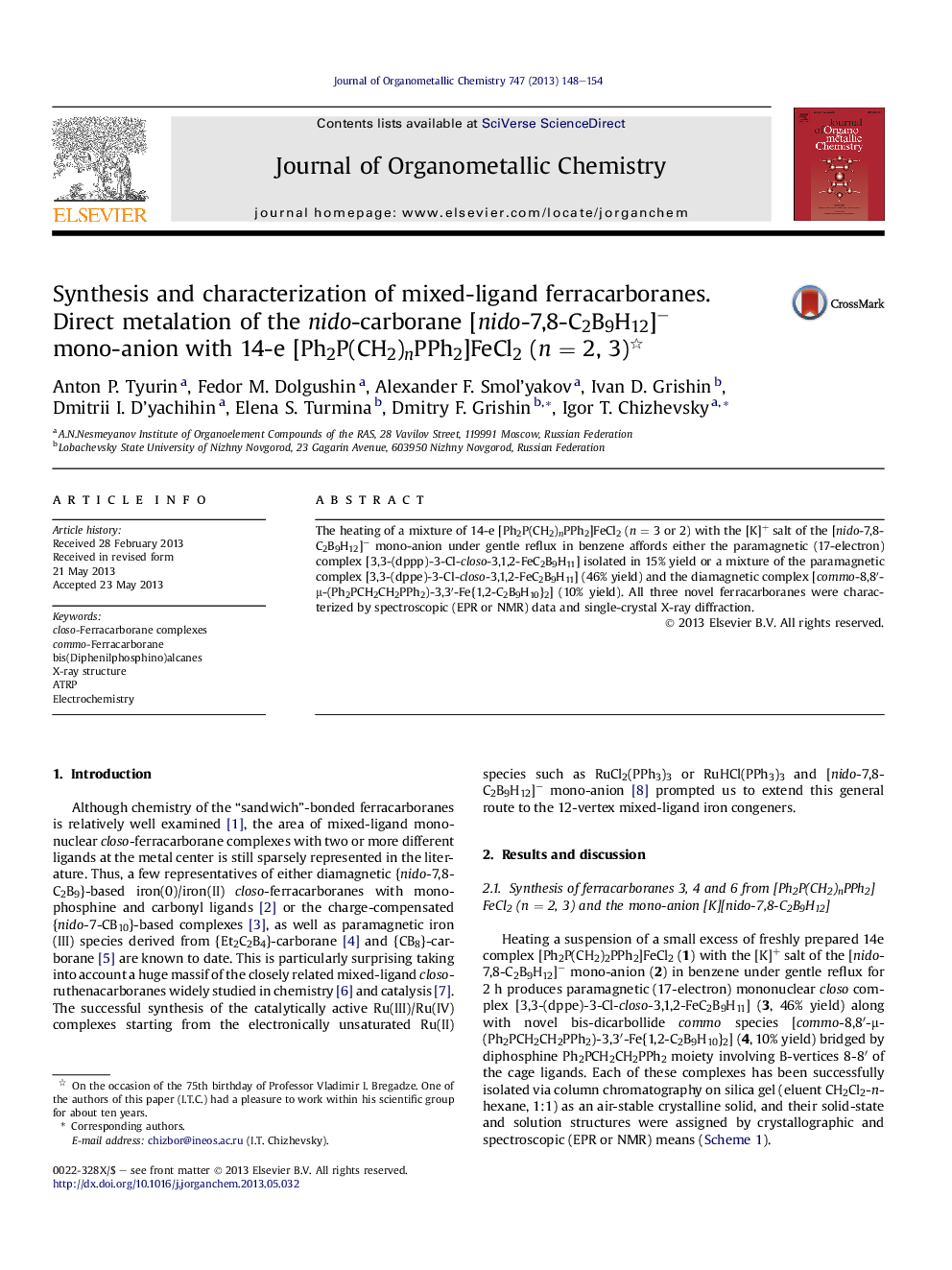 Synthesis and characterization of mixed-ligand ferracarboranes. Direct metalation of the nido-carborane [nido-7,8-C2B9H12]â mono-anion with 14-e [Ph2P(CH2)nPPh2]FeCl2 (nÂ =Â 2, 3)