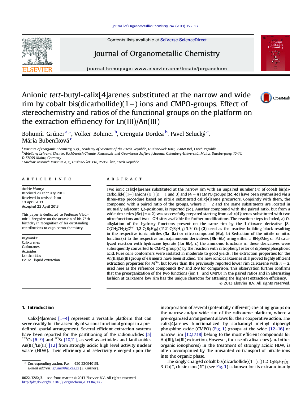 Anionic tert-butyl-calix[4]arenes substituted at the narrow and wide rim by cobalt bis(dicarbollide)(1−) ions and CMPO-groups. Effect of stereochemistry and ratios of the functional groups on the platform on the extraction efficiency for Ln(III)/An(III)