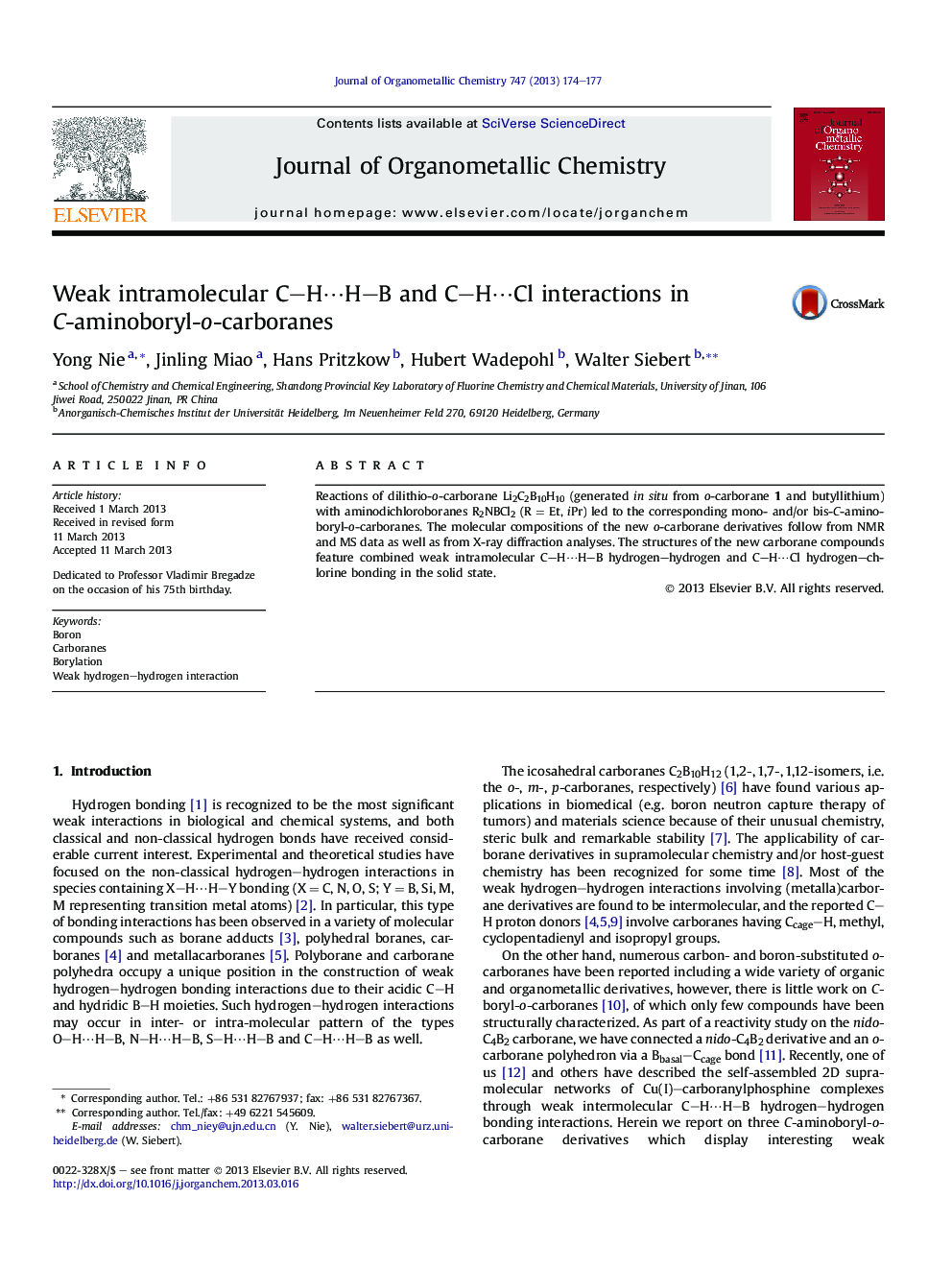 Weak intramolecular C–H⋯H–B and C–H⋯Cl interactions in C-aminoboryl-o-carboranes