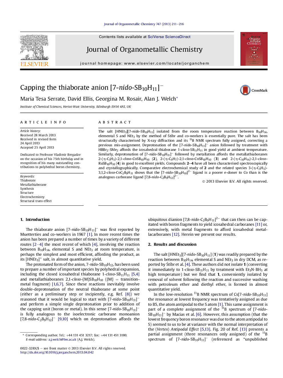 Capping the thiaborate anion [7-nido-SB10H11]â