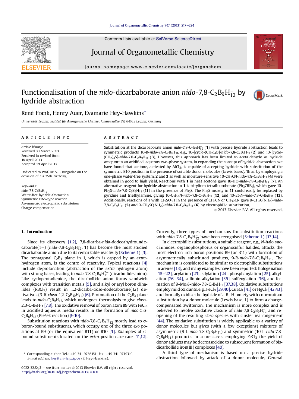 عکس صفحه اول مقاله: Functionalisation of the nido-dicarbaborate anion nido -7,8-C2B9H12− by hydride abstraction Functionalisation of the nido-dicarbaborate anion nido -7,8-C2B9H12− by hydride abstraction