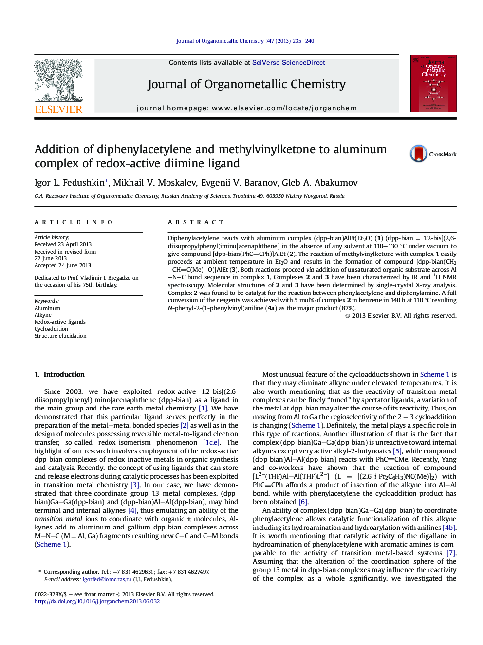 Addition of diphenylacetylene and methylvinylketone to aluminum complex of redox-active diimine ligand