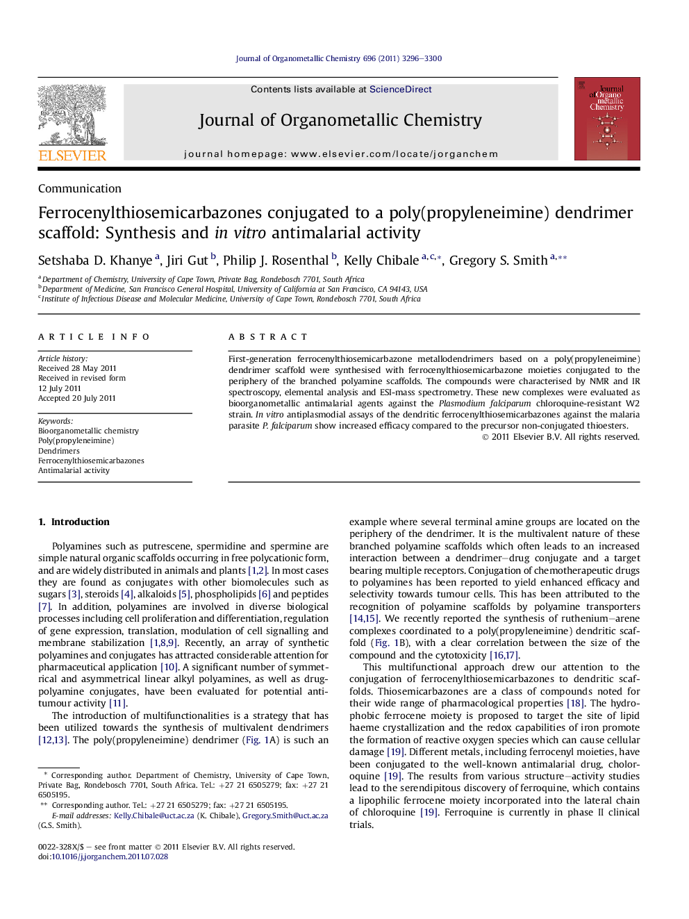 Ferrocenylthiosemicarbazones conjugated to a poly(propyleneimine) dendrimer scaffold: Synthesis and in vitro antimalarial activity