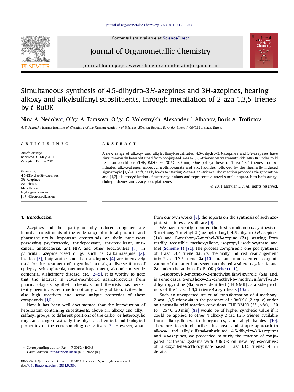 Simultaneous synthesis of 4,5-dihydro-3H-azepines and 3H-azepines, bearing alkoxy and alkylsulfanyl substituents, through metallation of 2-aza-1,3,5-trienes by t-BuOK