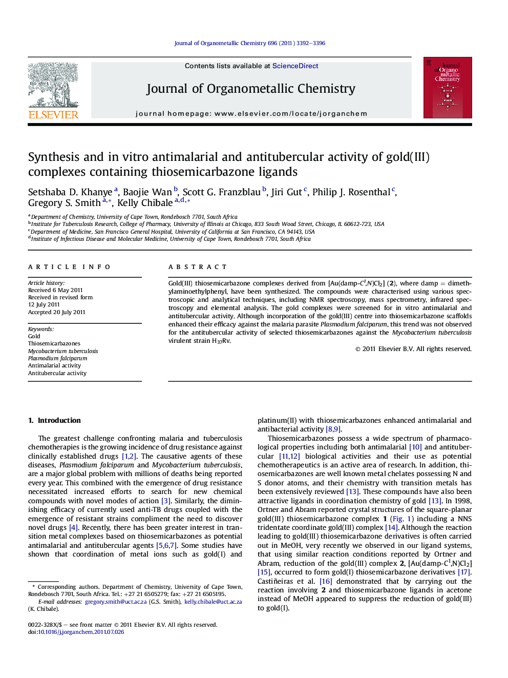 Synthesis and in vitro antimalarial and antitubercular activity of gold(III) complexes containing thiosemicarbazone ligands