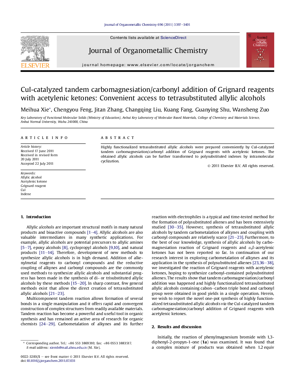 CuI-catalyzed tandem carbomagnesiation/carbonyl addition of Grignard reagents with acetylenic ketones: Convenient access to tetrasubstituted allylic alcohols