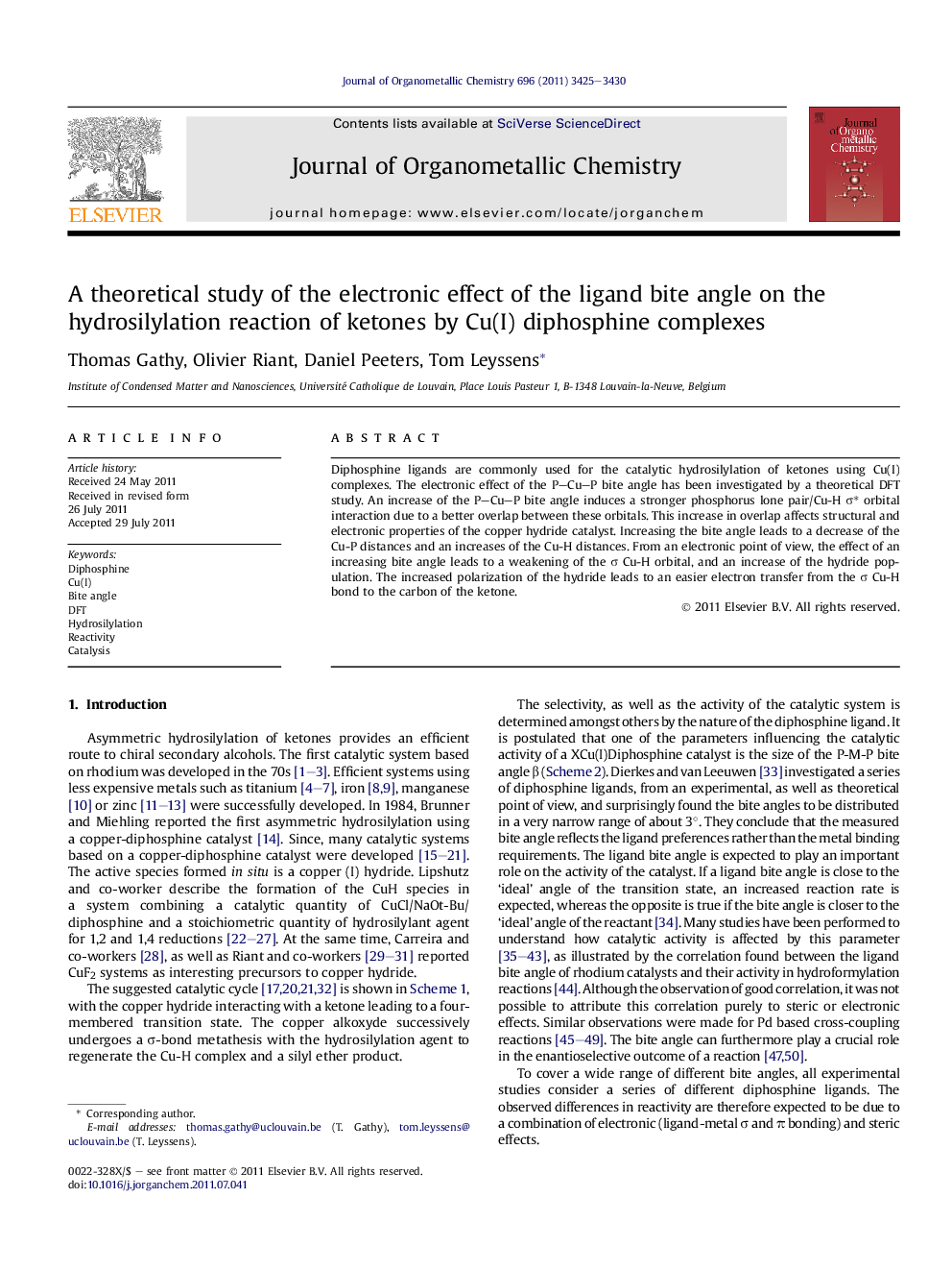 A theoretical study of the electronic effect of the ligand bite angle on the hydrosilylation reaction of ketones by Cu(I) diphosphine complexes