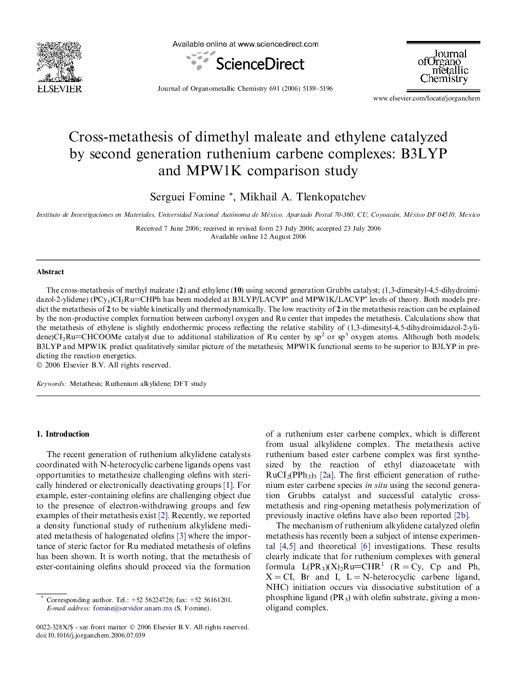 Cross-metathesis of dimethyl maleate and ethylene catalyzed by second generation ruthenium carbene complexes: B3LYP and MPW1K comparison study