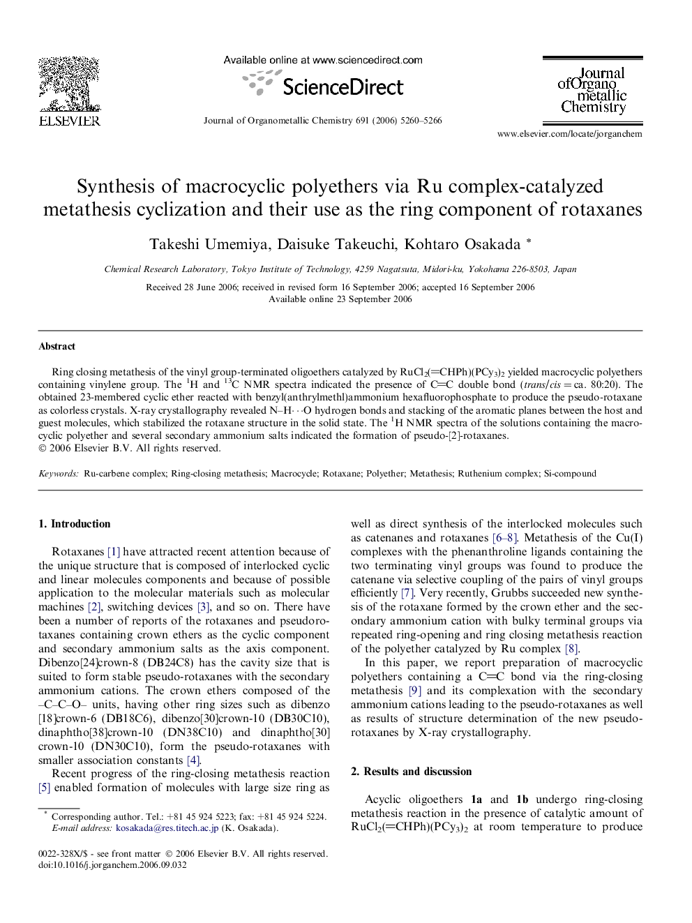 Synthesis of macrocyclic polyethers via Ru complex-catalyzed metathesis cyclization and their use as the ring component of rotaxanes