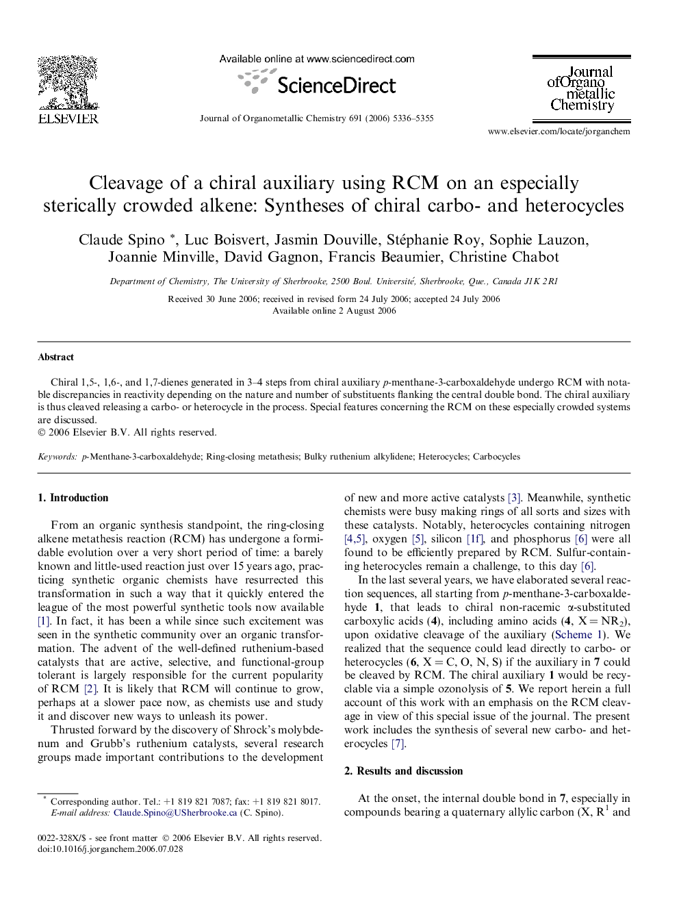 Cleavage of a chiral auxiliary using RCM on an especially sterically crowded alkene: Syntheses of chiral carbo- and heterocycles