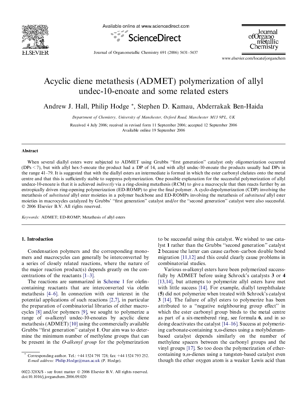Acyclic diene metathesis (ADMET) polymerization of allyl undec-10-enoate and some related esters