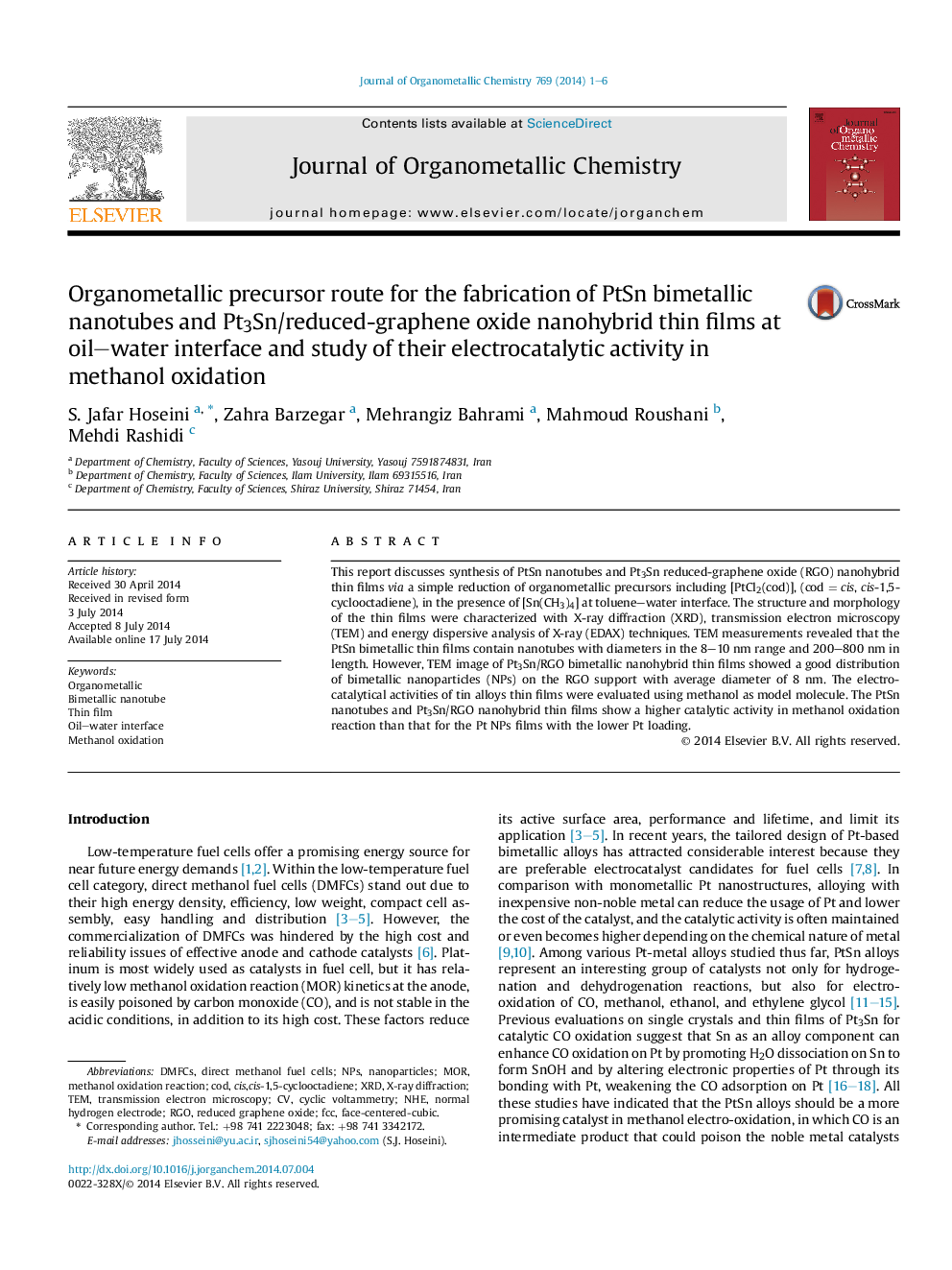 Organometallic precursor route for the fabrication of PtSn bimetallic nanotubes and Pt3Sn/reduced-graphene oxide nanohybrid thin films at oil–water interface and study of their electrocatalytic activity in methanol oxidation