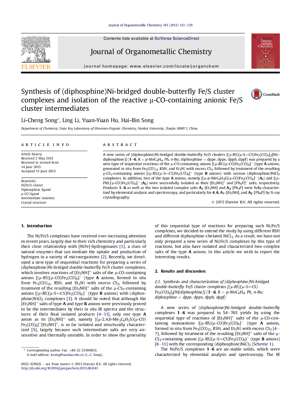 Synthesis of (diphosphine)Ni-bridged double-butterfly Fe/S cluster complexes and isolation of the reactive μ-CO-containing anionic Fe/S cluster intermediates