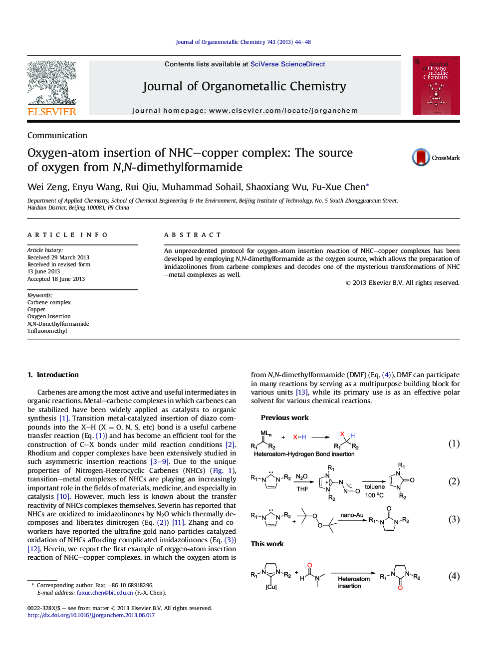 Oxygen-atom insertion of NHC–copper complex: The source of oxygen from N,N-dimethylformamide