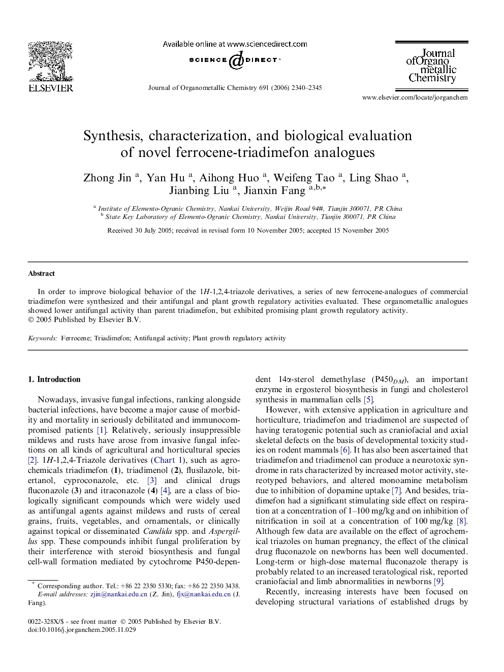 Synthesis, characterization, and biological evaluation of novel ferrocene-triadimefon analogues