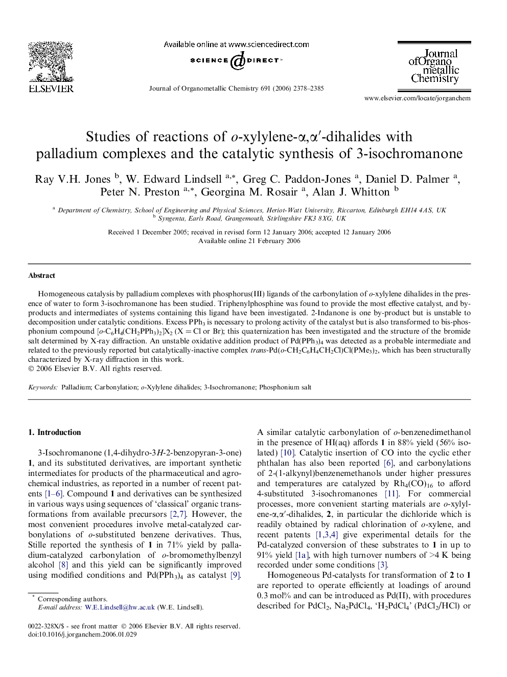 Studies of reactions of o-xylylene-α,α′-dihalides with palladium complexes and the catalytic synthesis of 3-isochromanone