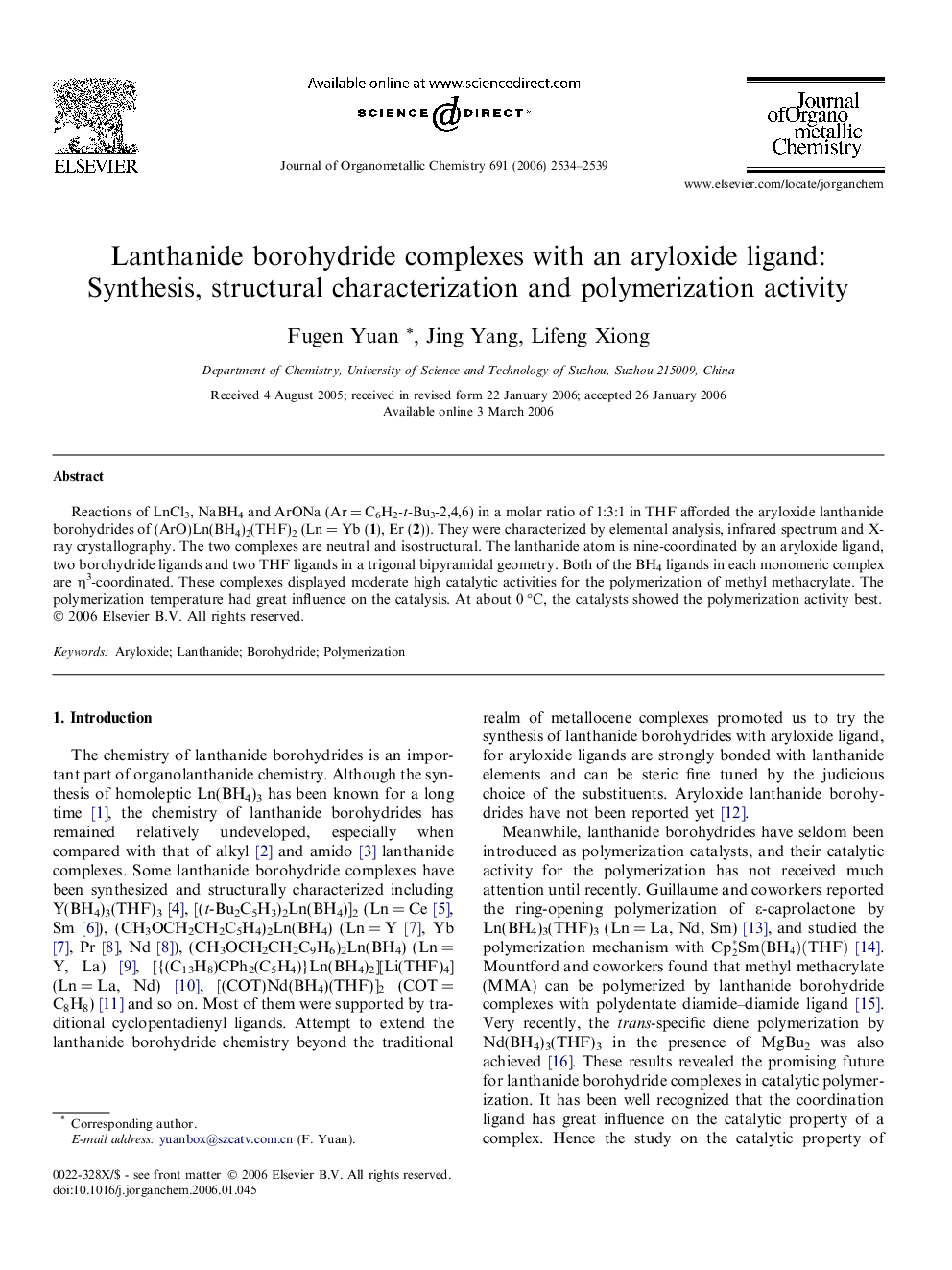 Lanthanide borohydride complexes with an aryloxide ligand: Synthesis, structural characterization and polymerization activity