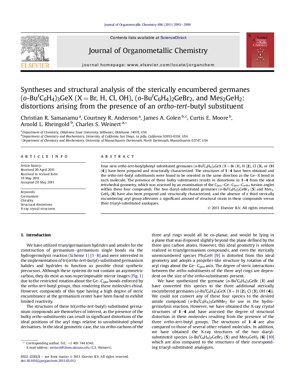 Syntheses and structural analysis of the sterically encumbered germanes (o-ButC6H4)3GeX (X = Br, H, Cl, OH), (o-ButC6H4)2GeBr2, and Mes2GeH2: distortions arising from the presence of an ortho-tert-butyl substituent