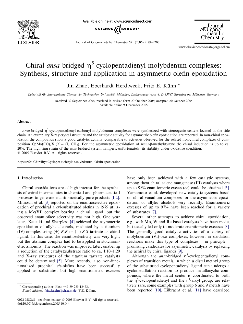 Chiral ansa-bridged η5-cyclopentadienyl molybdenum complexes: Synthesis, structure and application in asymmetric olefin epoxidation