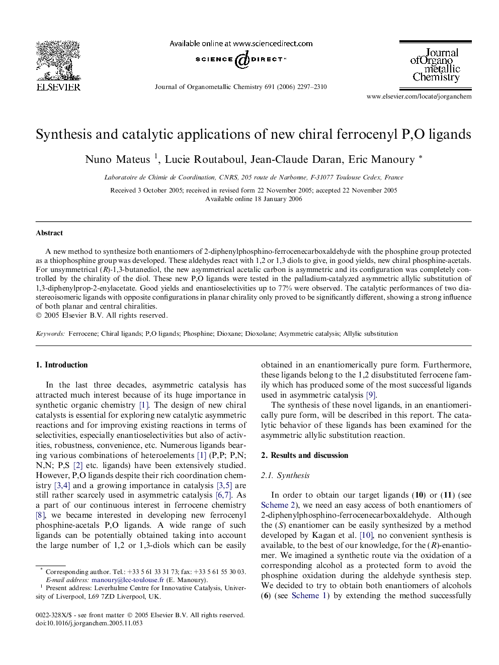 Synthesis and catalytic applications of new chiral ferrocenyl P,O ligands