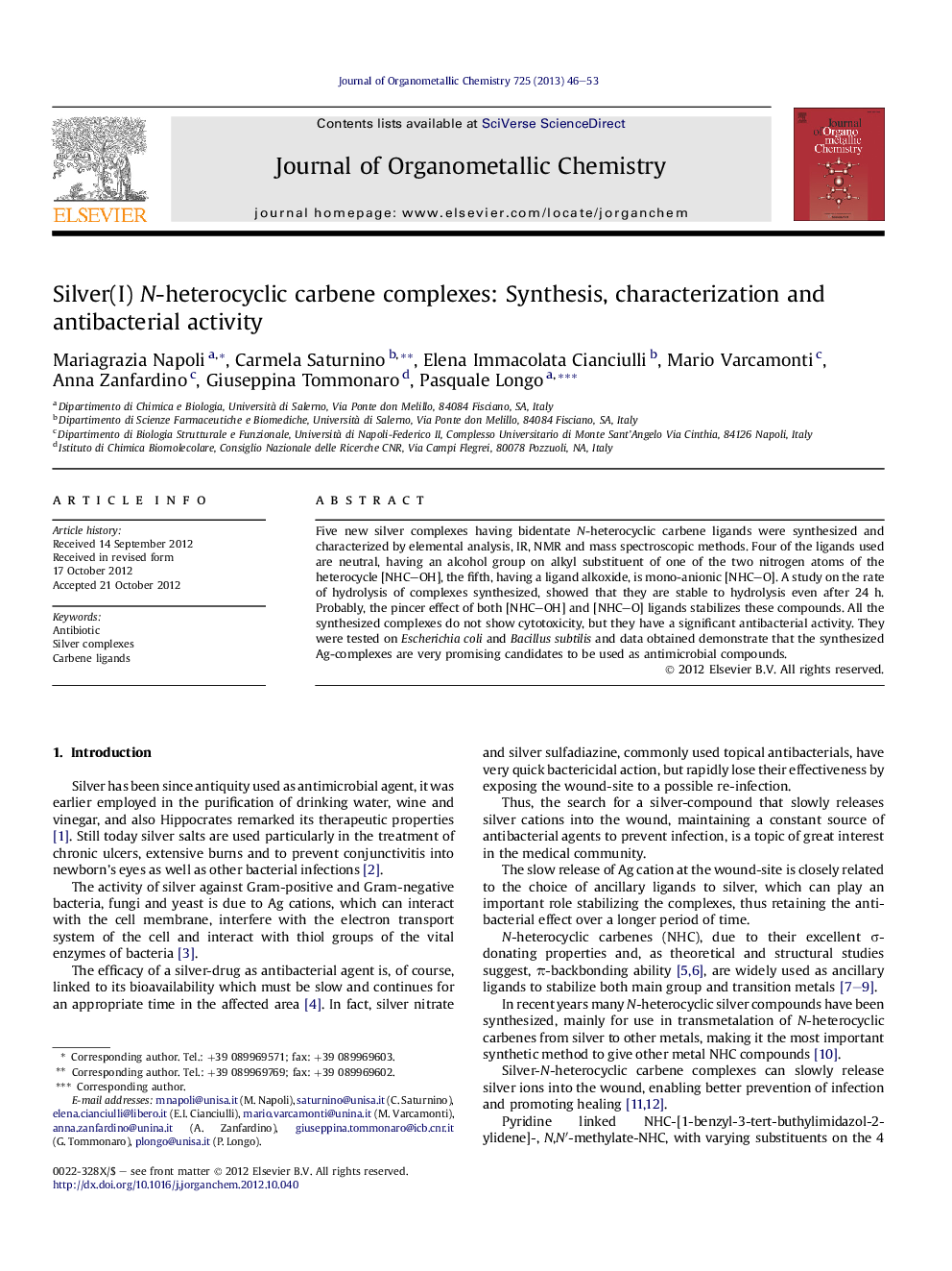 عکس صفحه اول مقاله: Silver(I) N-heterocyclic carbene complexes: Synthesis, characterization and antibacterial activity Silver(I) N-heterocyclic carbene complexes: Synthesis, characterization and antibacterial activity