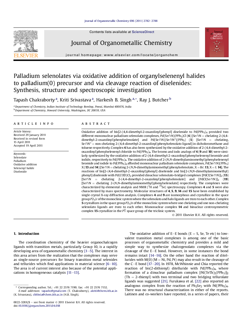 عکس صفحه اول مقاله: Palladium selenolates via oxidative addition of organylselenenyl halides to palladium(0) precursor and via cleavage reaction of diselenides: Synthesis, structure and spectroscopic investigation Palladium selenolates via oxidative addition of organylselenenyl halides to palladium(0) precursor and via cleavage reaction of diselenides: Synthesis, structure and spectroscopic investigation