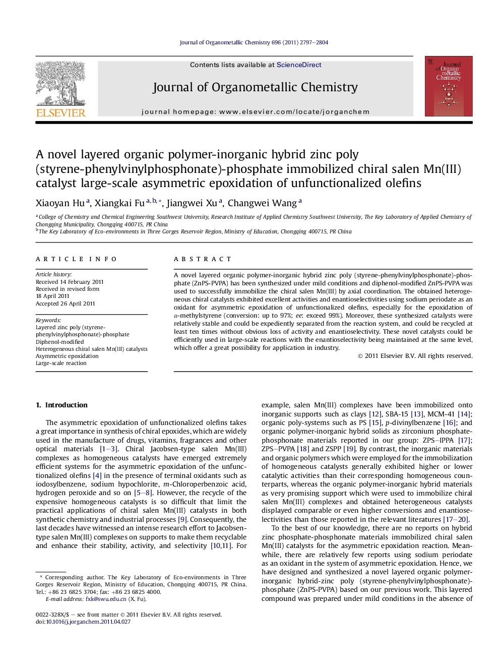 A novel layered organic polymer-inorganic hybrid zinc poly (styrene-phenylvinylphosphonate)-phosphate immobilized chiral salen Mn(III) catalyst large-scale asymmetric epoxidation of unfunctionalized olefins