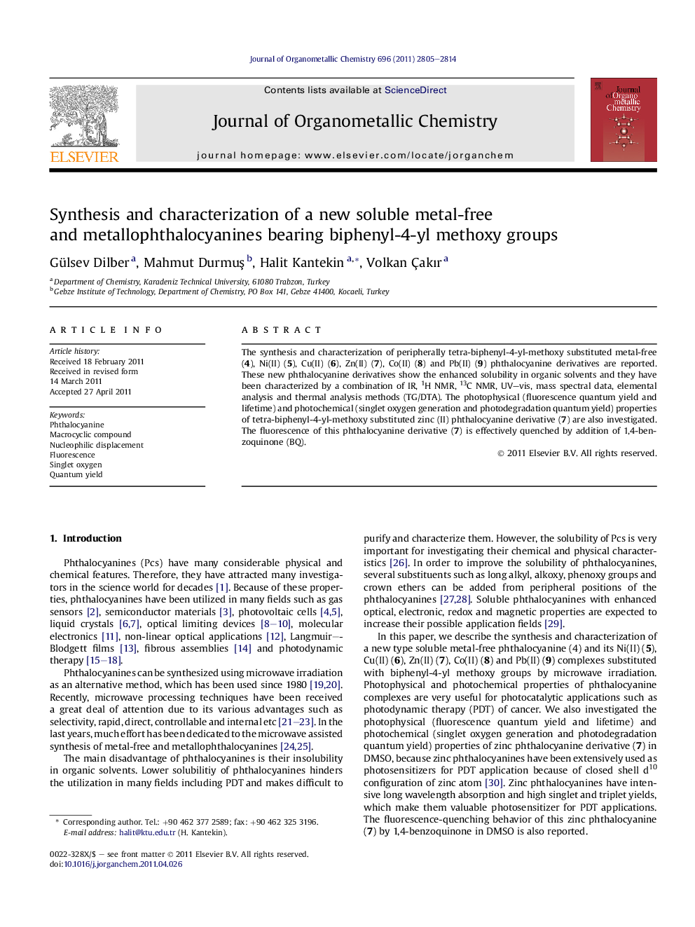 Synthesis and characterization of a new soluble metal-free and metallophthalocyanines bearing biphenyl-4-yl methoxy groups