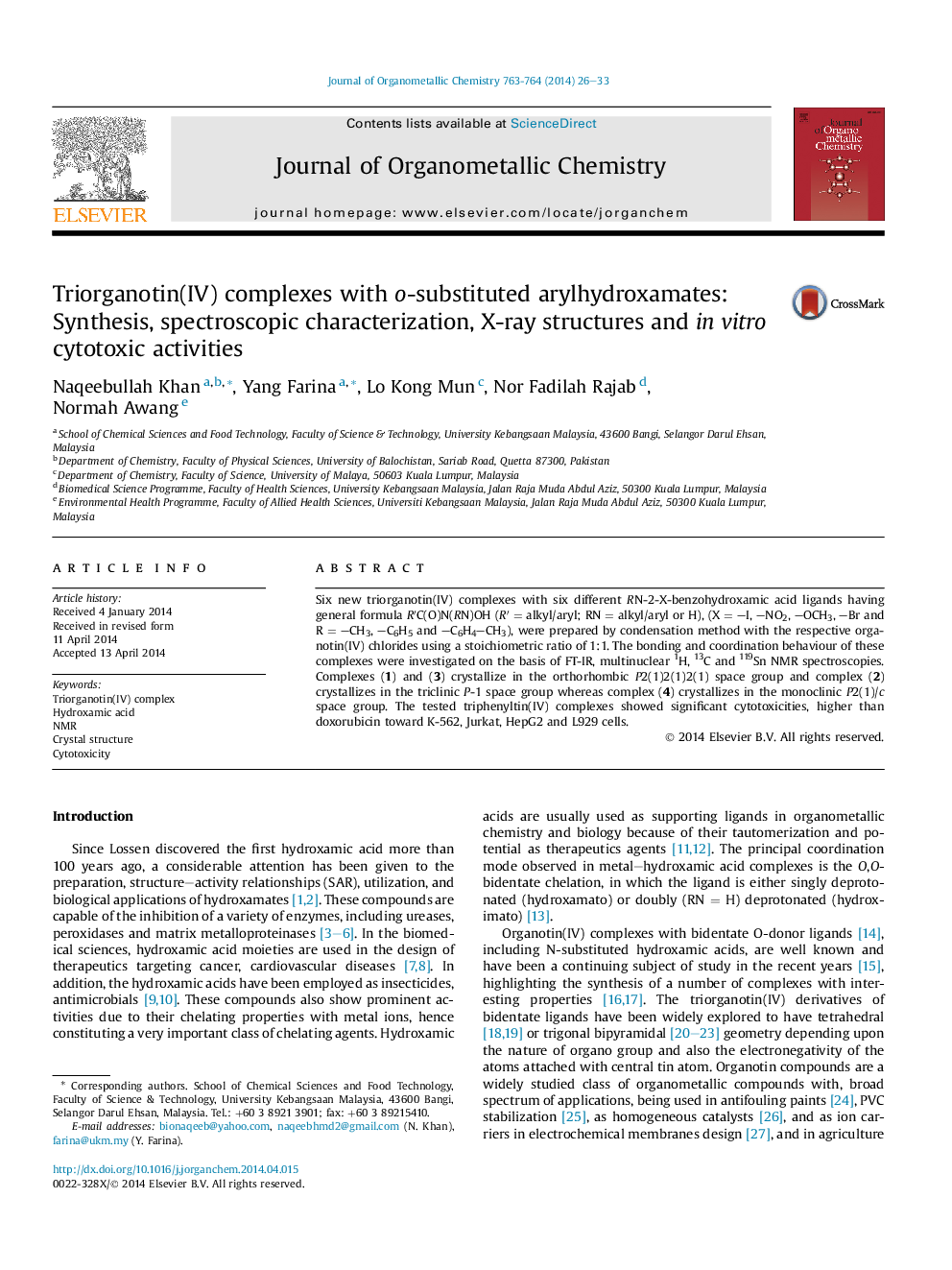 Triorganotin(IV) complexes with o-substituted arylhydroxamates: Synthesis, spectroscopic characterization, X-ray structures and in vitro cytotoxic activities