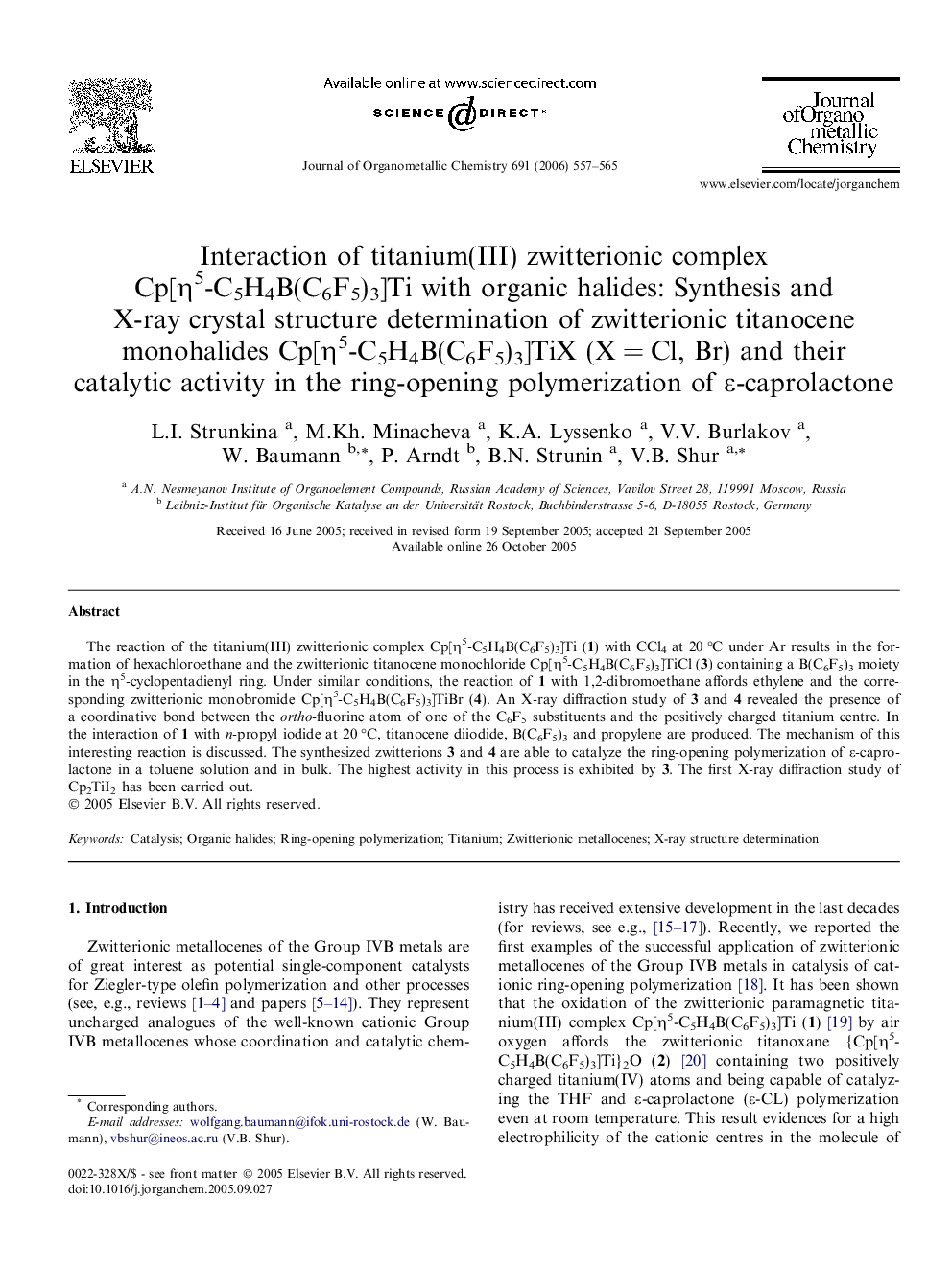 Interaction of titanium(III) zwitterionic complex Cp[η5-C5H4B(C6F5)3]Ti with organic halides: Synthesis and X-ray crystal structure determination of zwitterionic titanocene monohalides Cp[η5-C5H4B(C6F5)3]TiX (X = Cl, Br) and their catalytic activity in th