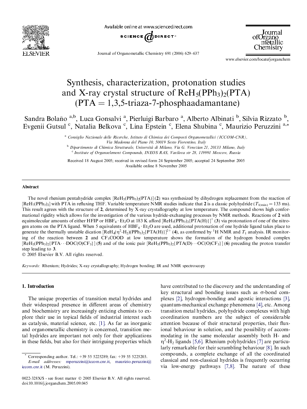 Synthesis, characterization, protonation studies and X-ray crystal structure of ReH5(PPh3)2(PTA) (PTA = 1,3,5-triaza-7-phosphaadamantane)