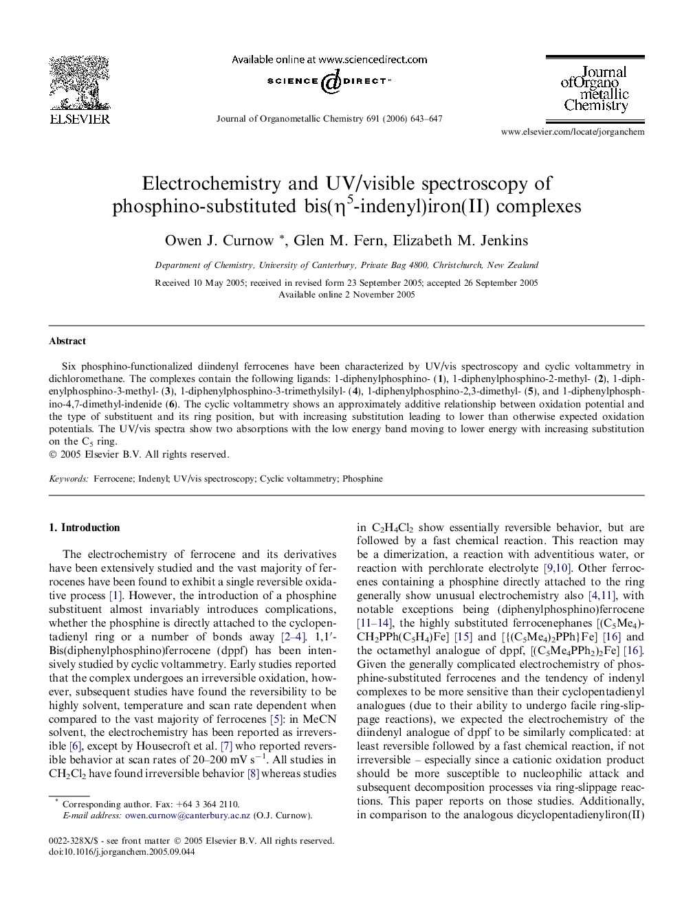 Electrochemistry and UV/visible spectroscopy of phosphino-substituted bis(η5-indenyl)iron(II) complexes