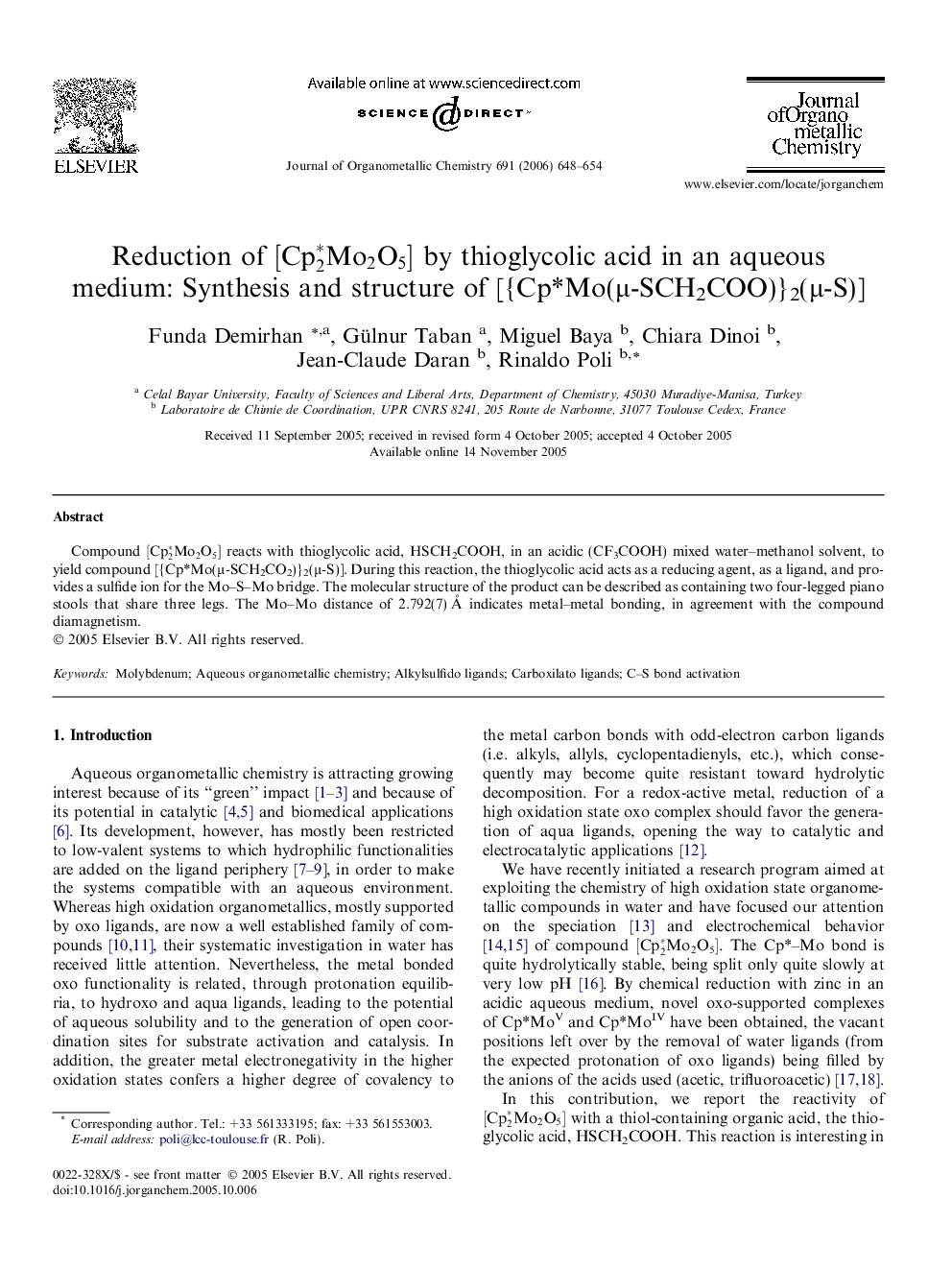 Reduction of [Cp2∗Mo2O5] by thioglycolic acid in an aqueous medium: Synthesis and structure of [{Cp*Mo(μ-SCH2COO)}2(μ-S)]