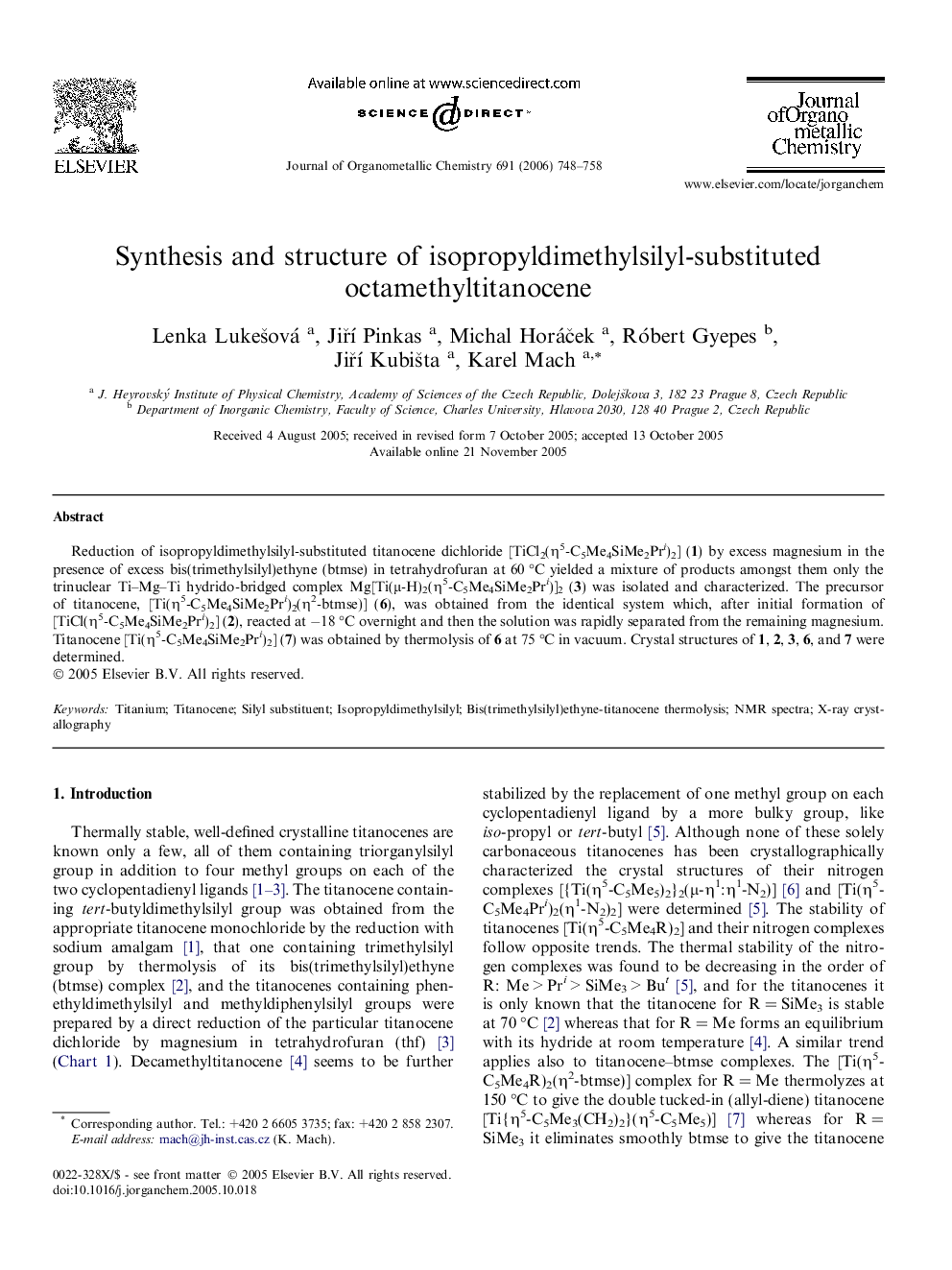 Synthesis and structure of isopropyldimethylsilyl-substituted octamethyltitanocene