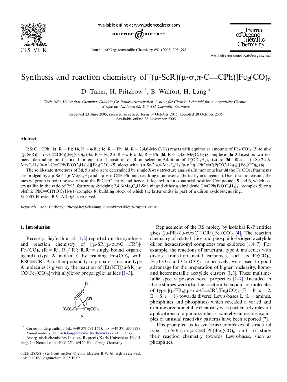 Synthesis and reaction chemistry of [(μ-SeR)(μ-σ,π-CCPh)]Fe2(CO)6