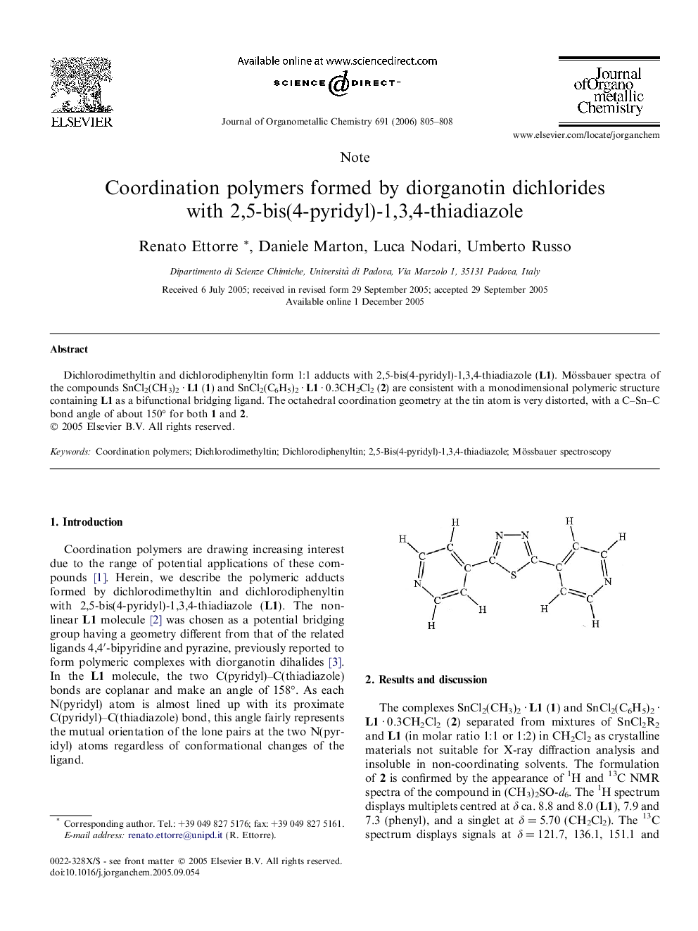 عکس صفحه اول مقاله: Coordination polymers formed by diorganotin dichlorides with 2,5-bis(4-pyridyl)-1,3,4-thiadiazole Coordination polymers formed by diorganotin dichlorides with 2,5-bis(4-pyridyl)-1,3,4-thiadiazole