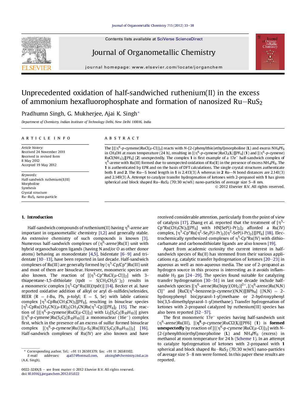 Unprecedented oxidation of half-sandwiched ruthenium(II) in the excess of ammonium hexafluorophosphate and formation of nanosized Ru–RuS2