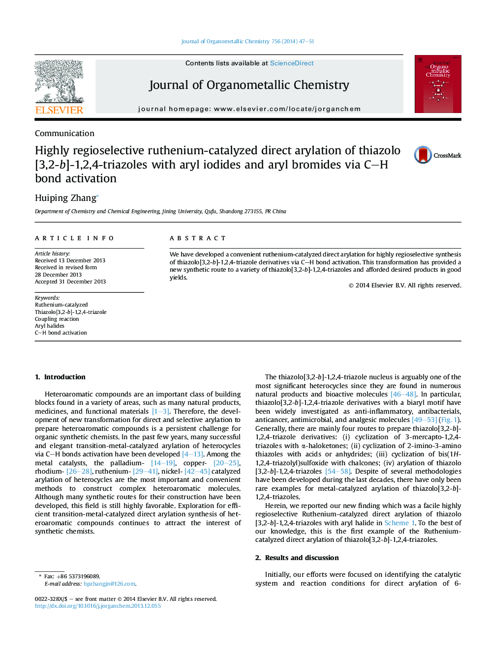 Highly regioselective ruthenium-catalyzed direct arylation of thiazolo[3,2-b]-1,2,4-triazoles with aryl iodides and aryl bromides via C–H bond activation